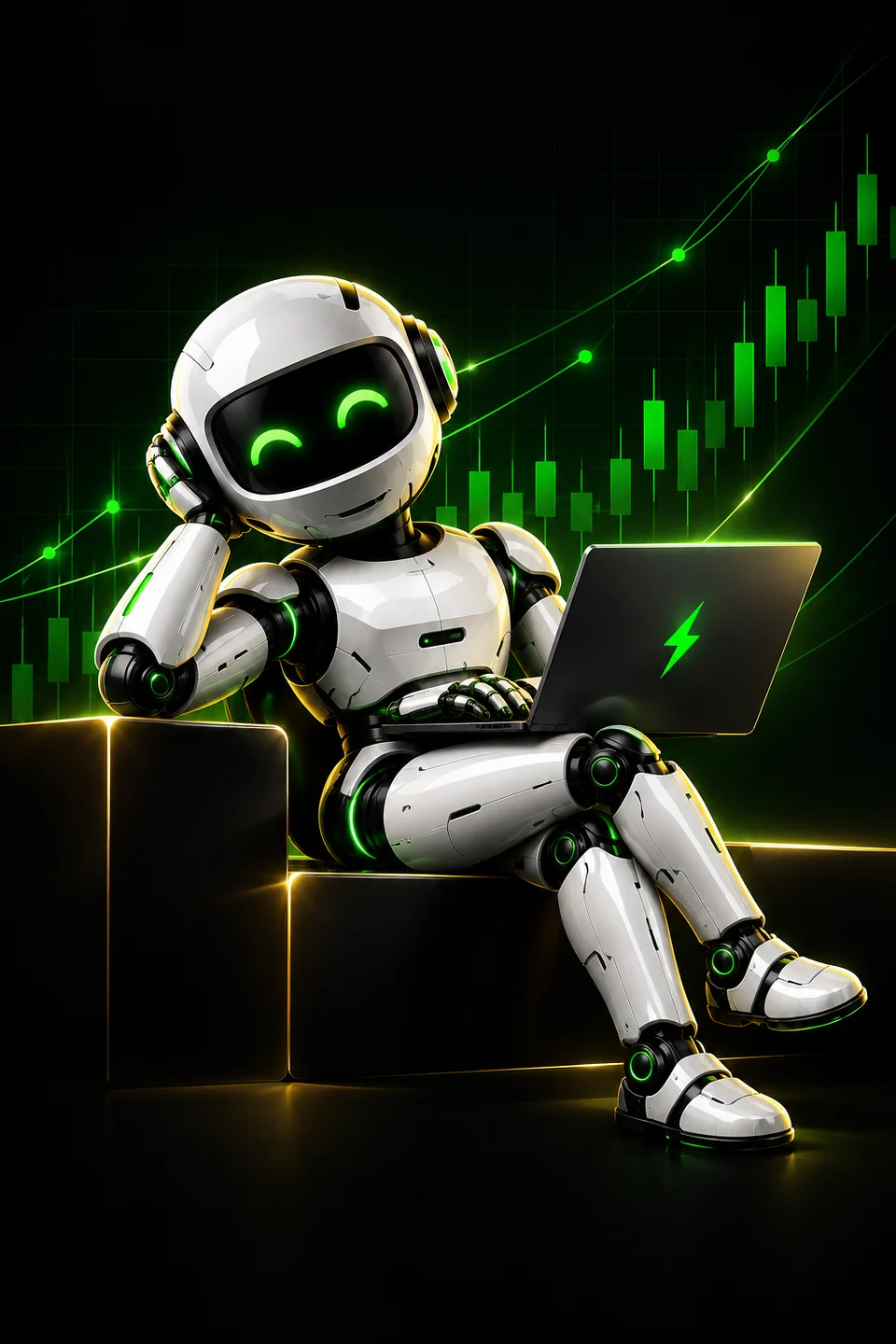 Robô Thunderbolt com seu laptop, em um cenário preto, verde e dourado